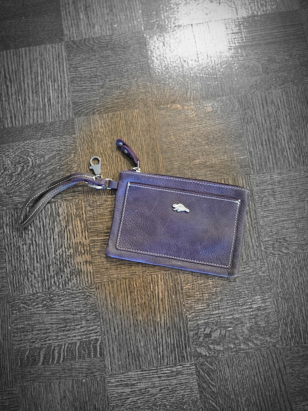 Roots Purple Leather Wristlet with Silver Beaver Logo